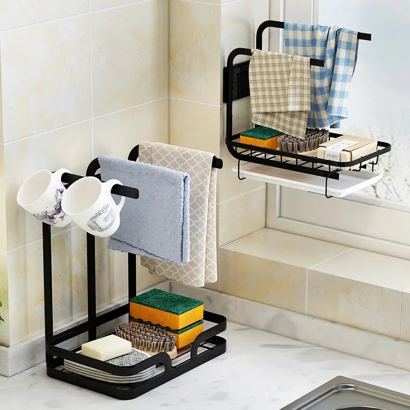 Foldable plastic kitchen draining storage rack for dishcloths and sponges with wall or countertop mounting
