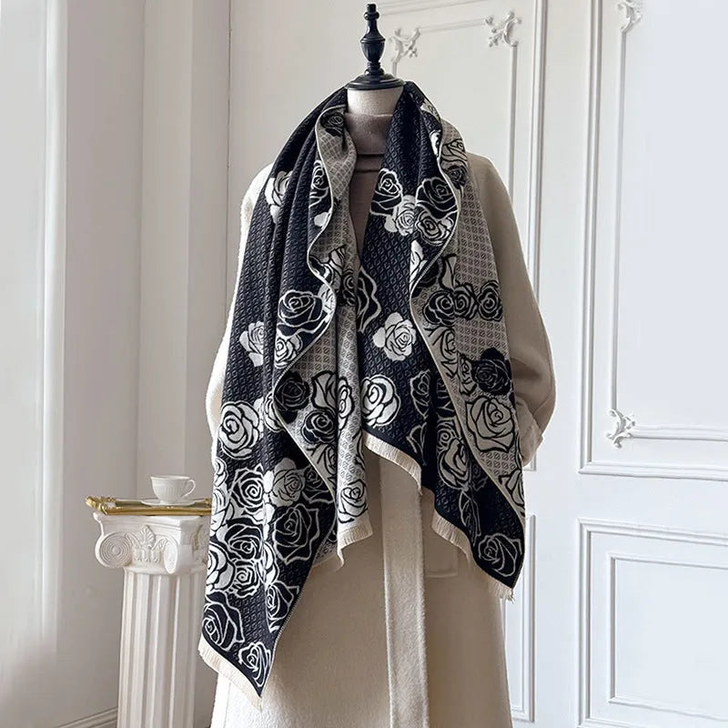 Imitation cashmere scarf with tassel trim in grey, black, blue, or khaki, shown at 185 cm long.