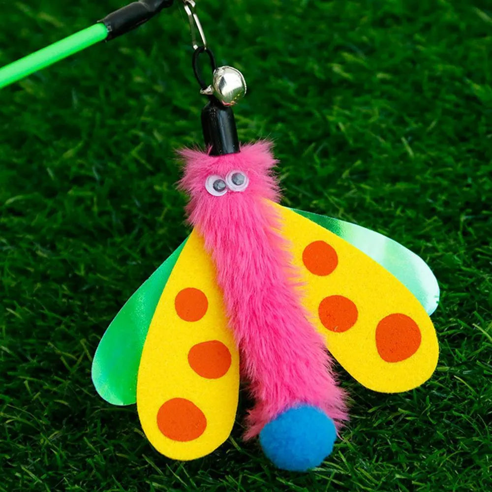 Blue cat wand toy with dragonfly attachment and bell on 49cm extendable stick