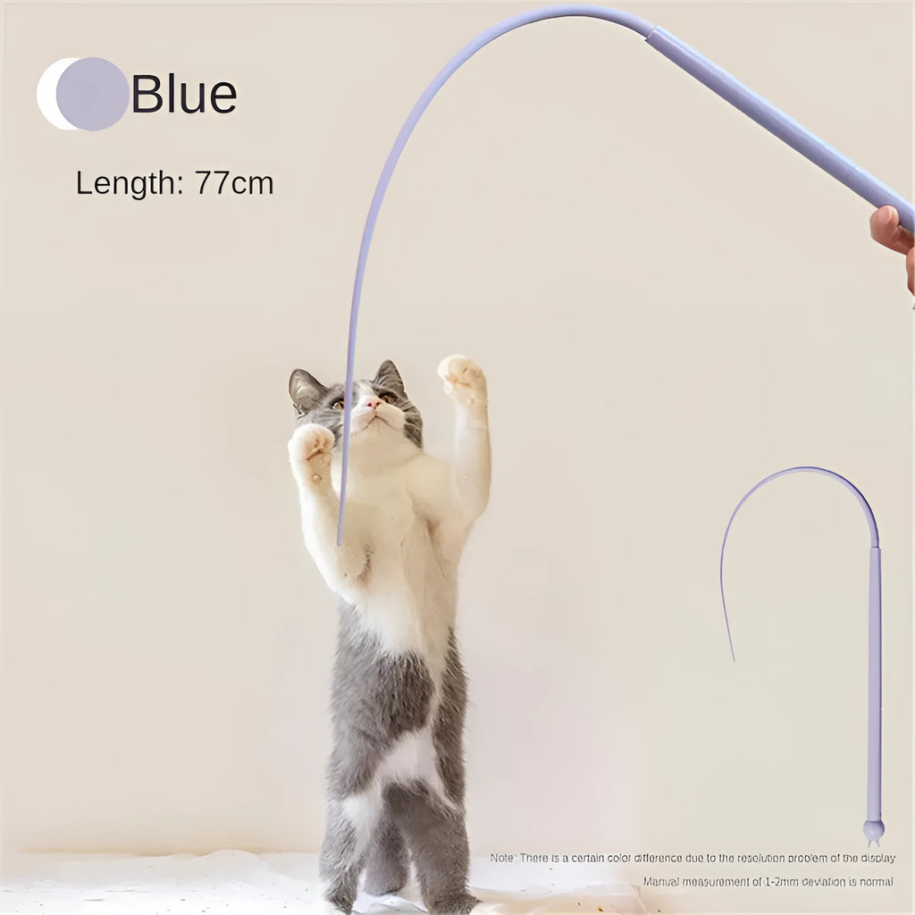 Blue cat teasing wand with silicone tail and cat head handle for interactive pet play