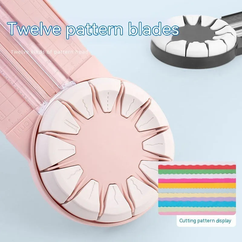 Pink and black plastic paper cutting machine with dotted grid pattern and multiple cutting functions