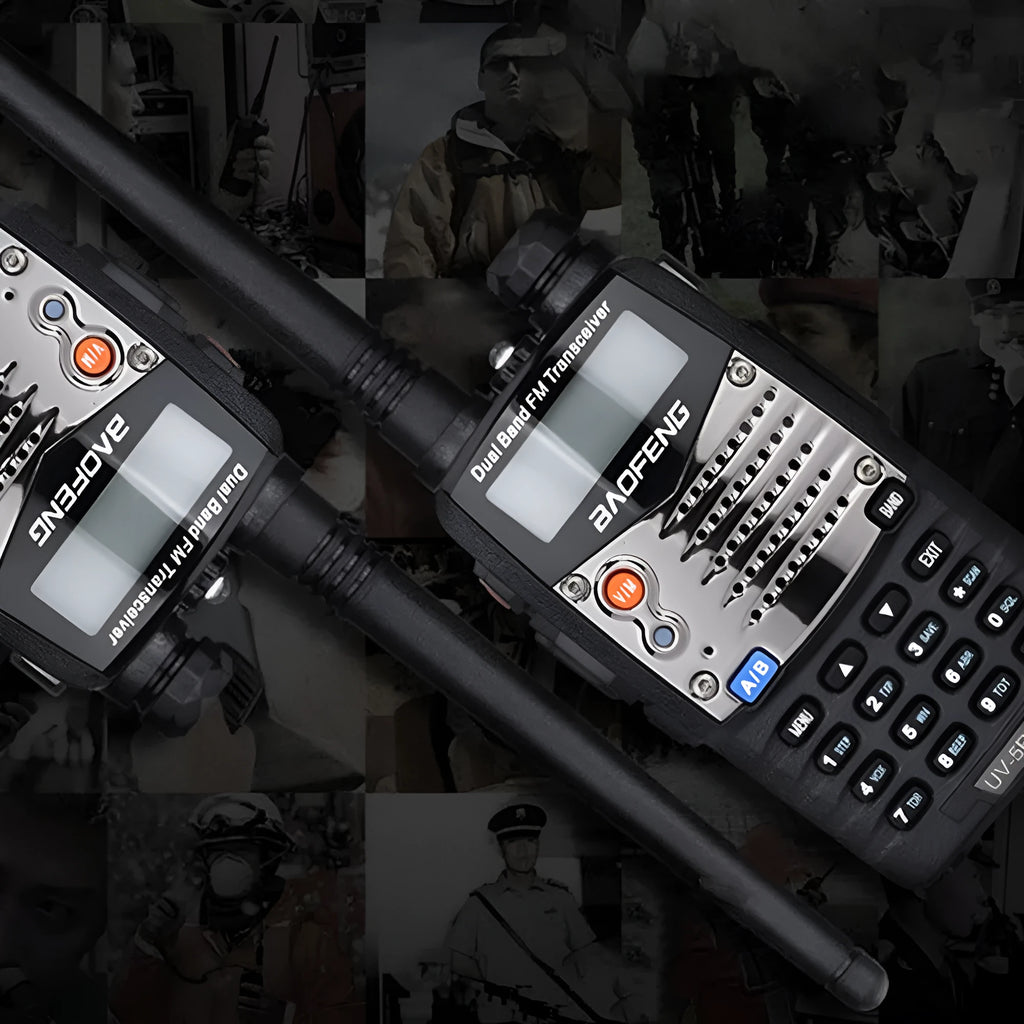 Baofeng UV-5RA handheld dual-band walkie-talkie radio with display screen and antenna.
