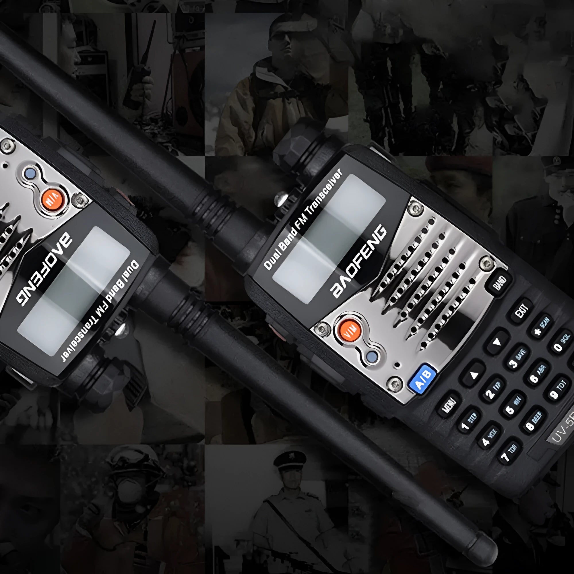 Baofeng UV-5RA handheld dual-band walkie-talkie radio with display screen and antenna.