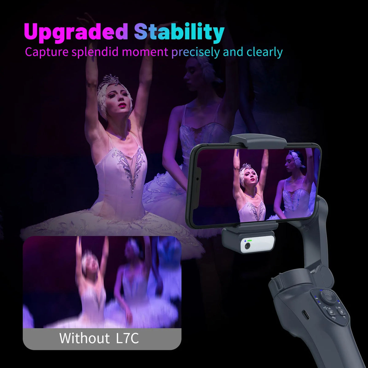 Foldable handheld video stabiliser head in L7Cpro gun colour with USB charging port