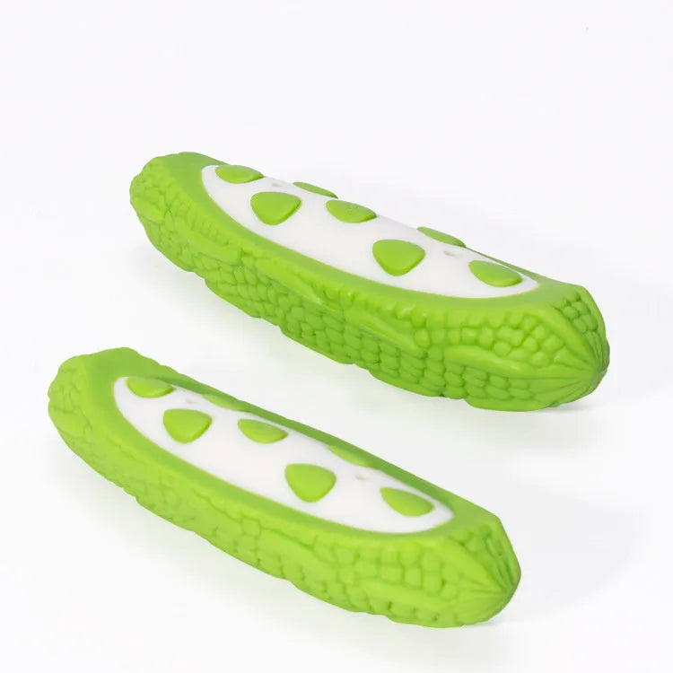 Green and purple simulation bone dog chew toys shown in large and small sizes