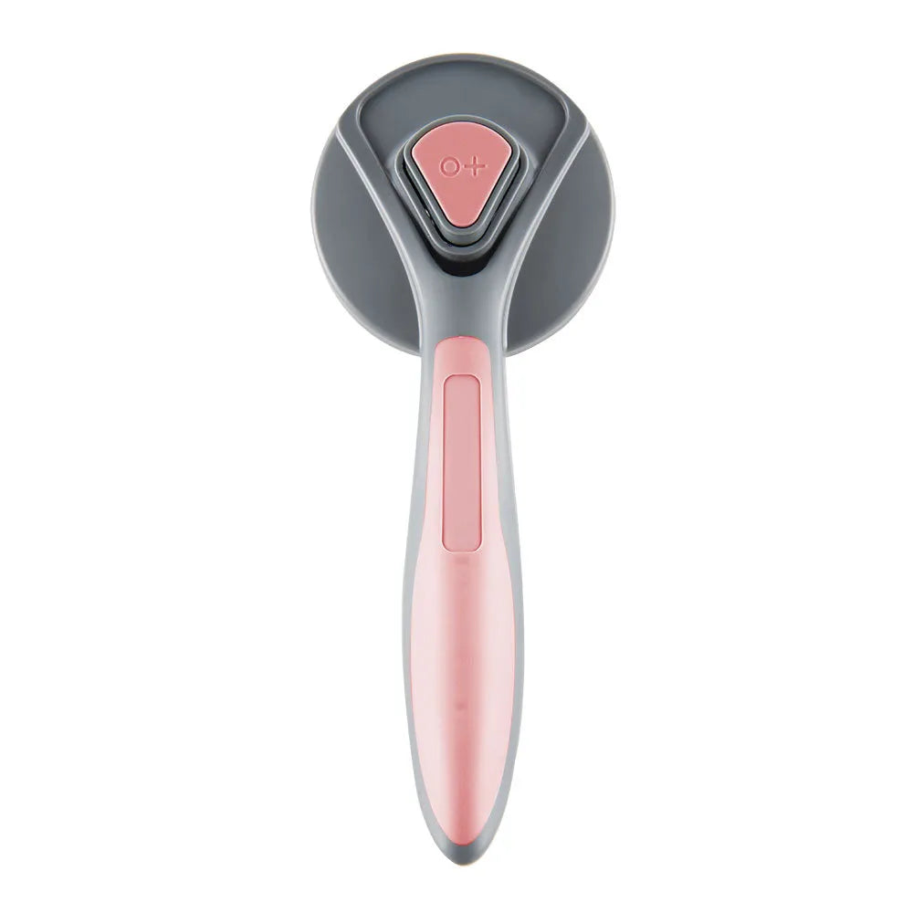 Grey self-cleaning slicker brush for pets with a one-click button and massage-tipped bristles on a white background