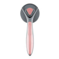 Grey self-cleaning slicker brush for pets with a one-click button and massage-tipped bristles on a white background