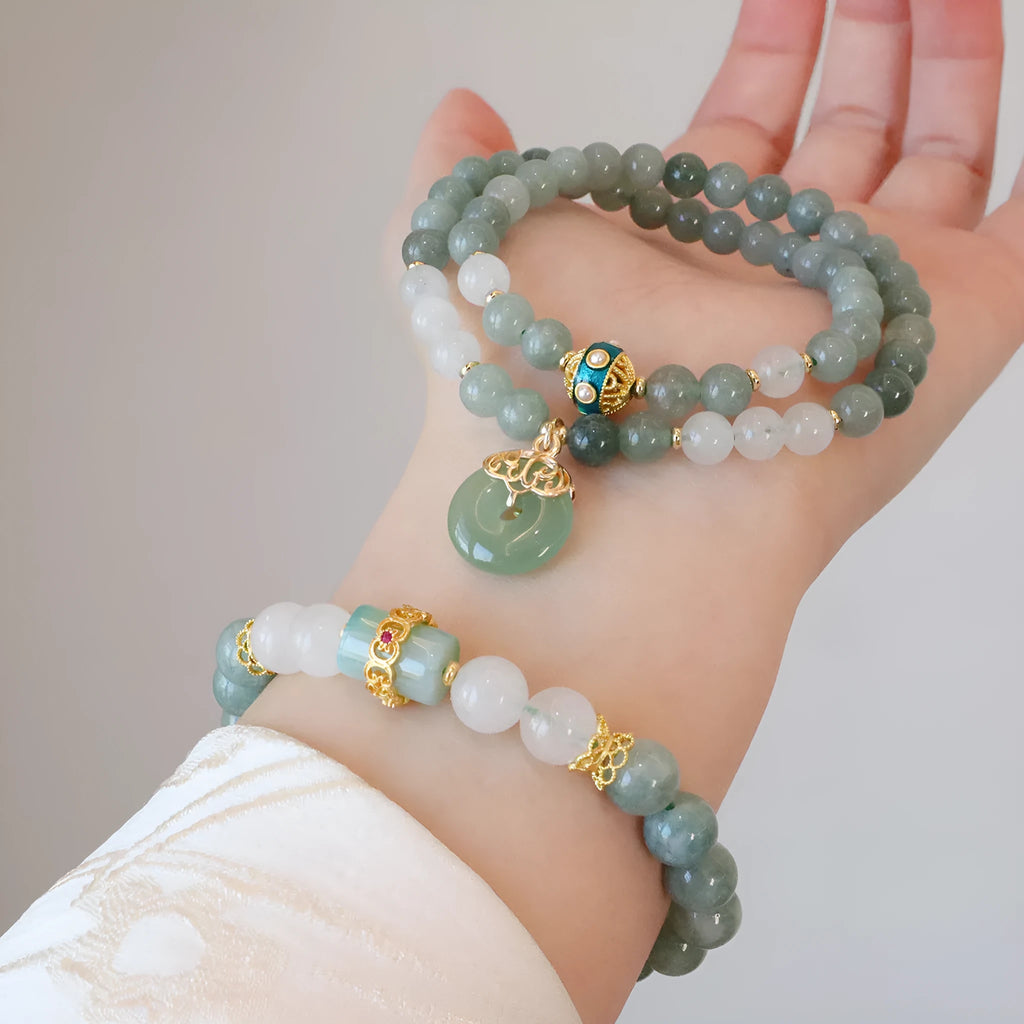 Myanmar jade bracelet with traditional Chinese peace buckle and safety clasp