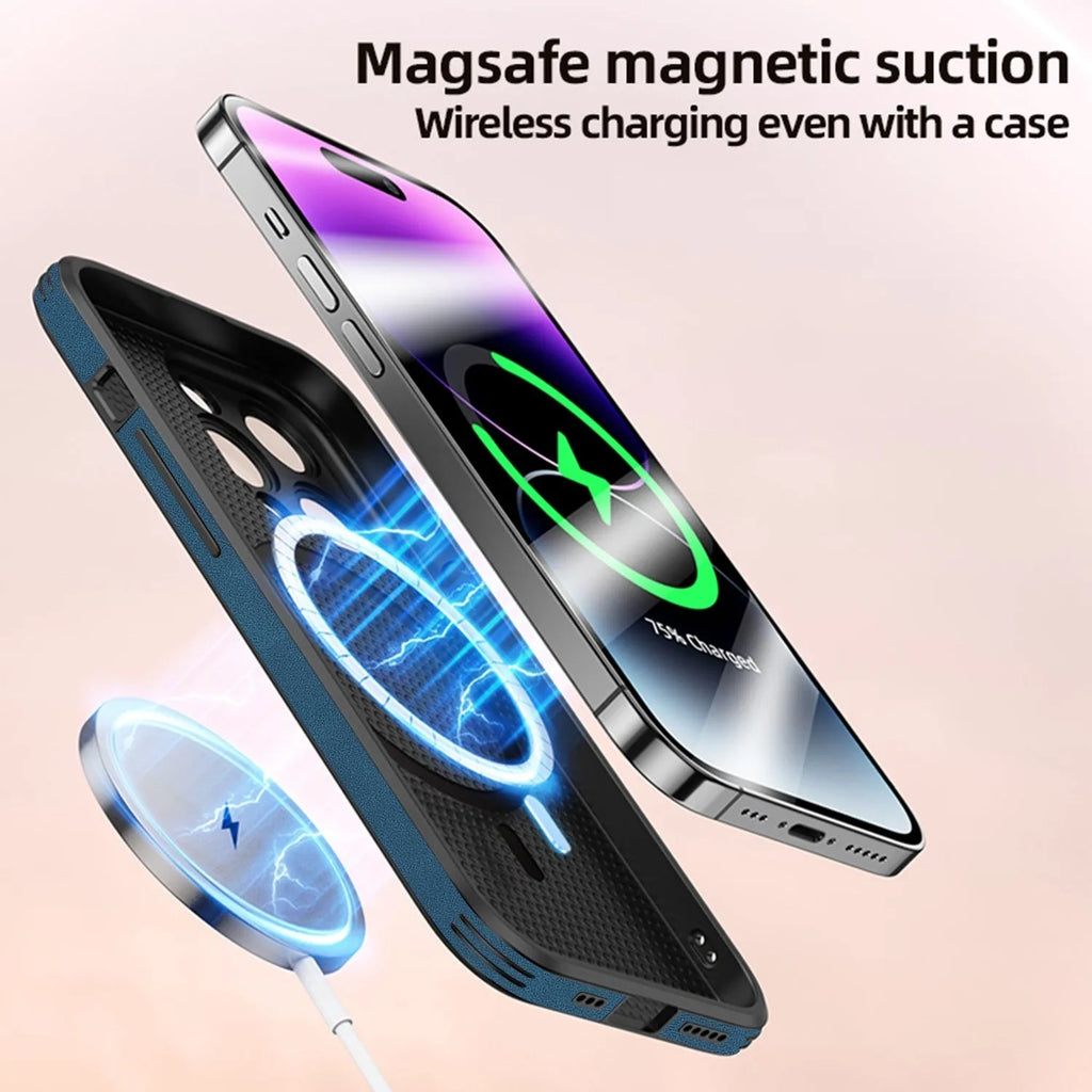 iPhone 16 magnetic charging case with embossed moose head design in imitation leather, showing colour options