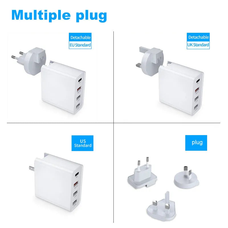 White 4-port fast wall charger with PD, QC, and USB ports on a table