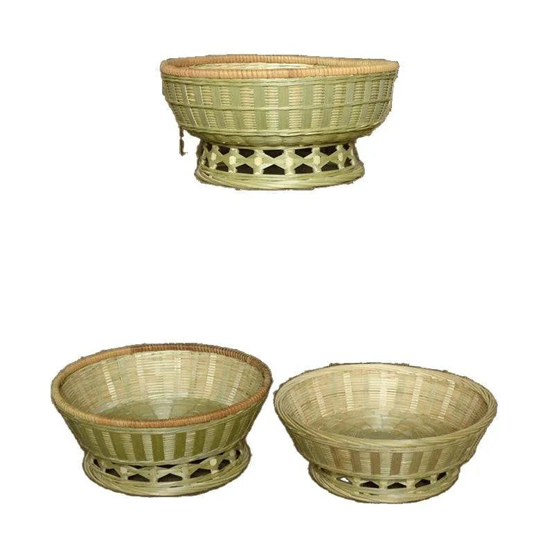 Handmade bamboo storage basket set showing three different sizes including deepening basket