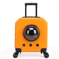 Hard-shell PVC pet trolley case with wheels in orange, pink, white, and wine red colour options.