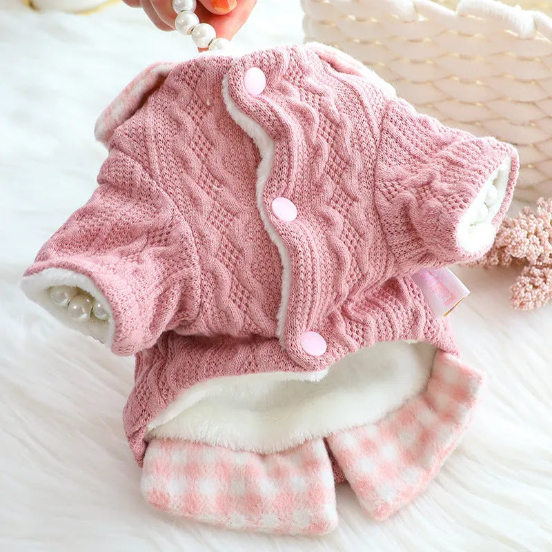 Blue plaid fleece-lined dog sweater jacket on a mannequin, size label visible
