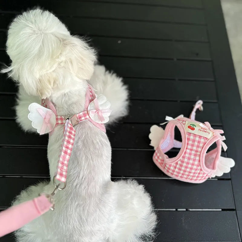 Small dog harness with chest and back attachment points in cotton fabric, pink or black colour options