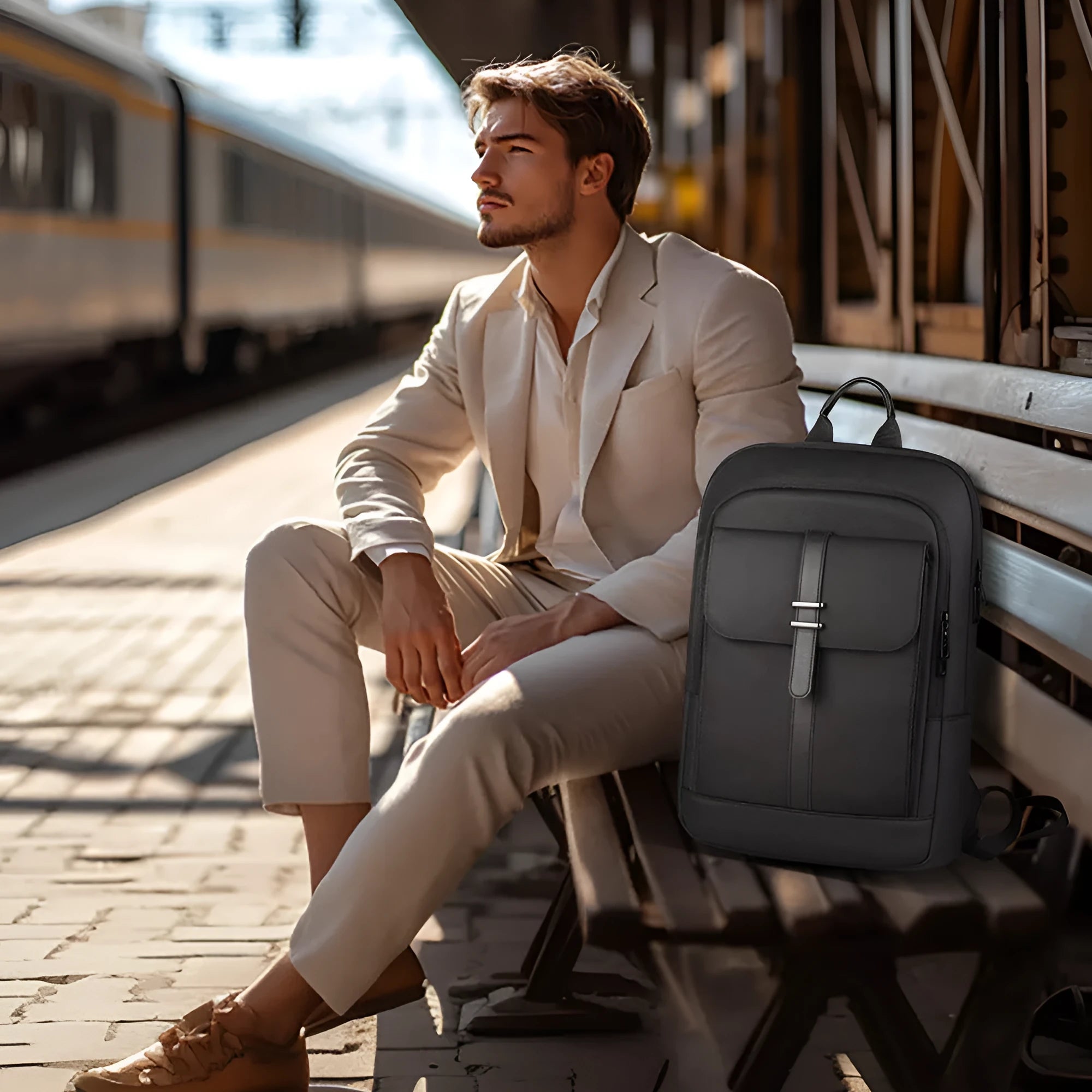 Black Oxford cloth backpack with sewing line detailing and urban style design