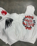 Black hooded sweatshirt with printed skull design and rhinestone decoration in loose cardigan style