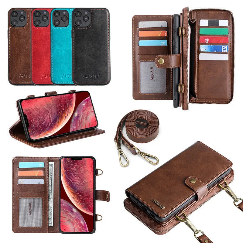 Wallet style phone case with detachable backpack and leather flip cover for Samsung Galaxy and iPhone devices