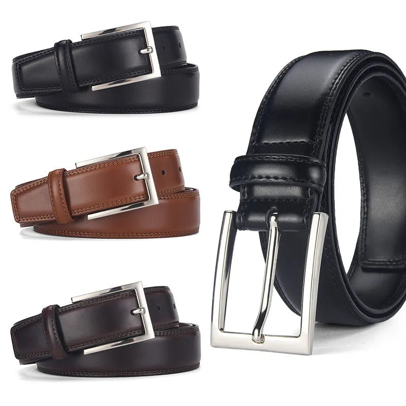 Men's genuine leather belt with alloy pin buckle in classic black colour