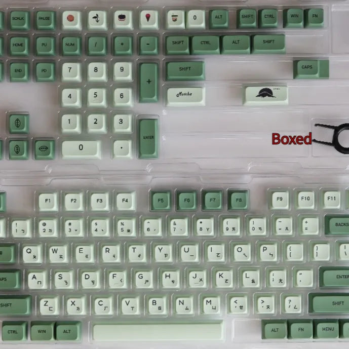 124 PBT keycaps with matcha green colour and white doubleshot legends for mechanical keyboards.