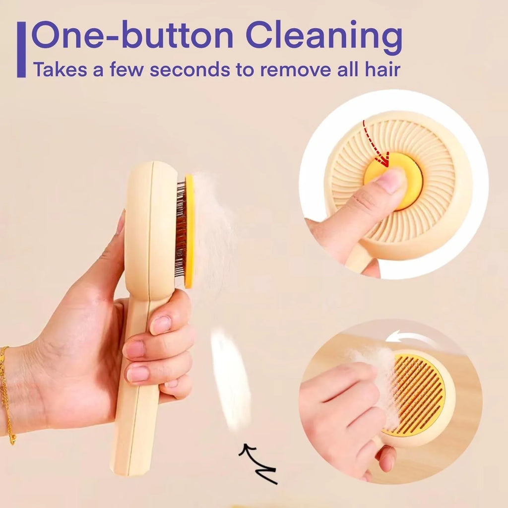 Blue and yellow pet grooming brush with metal pins and a self-cleaning button on the handle.