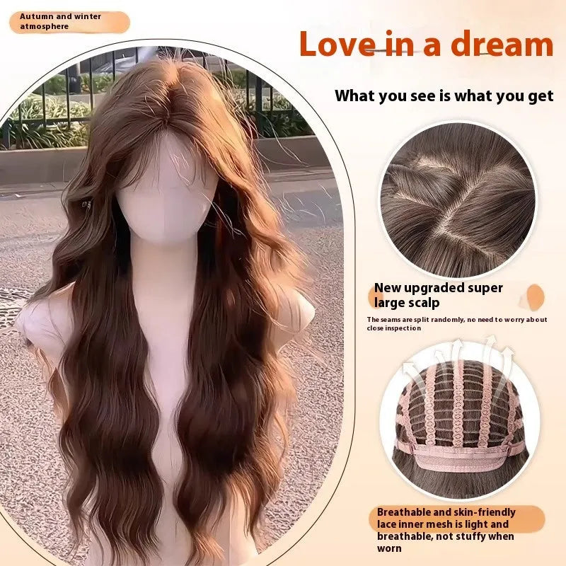 Full-head long curly synthetic wig with side bangs in brown colour options