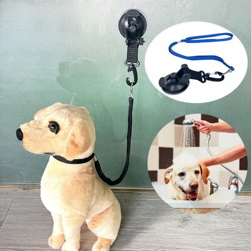 Pet bathing restraint set with suction cup handcuffs and traction ropes in black and blue colour options