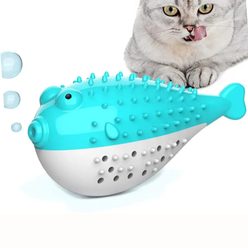 Mint Toys silicone fish-shaped cat chew toy in four colour options on white background