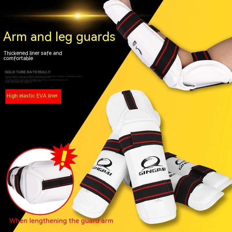 Taekwondo protective gear set showing arm guards, elbow protection and legguards in adjustable sizes