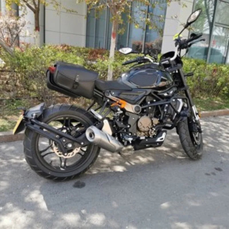 Black PU leather motorcycle swingarm side saddlebag mounted on a Harley-Davidson Sportster.