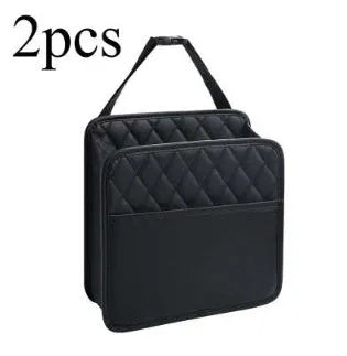 Black leather car hanging storage bag measuring 25cm square with 8cm depth