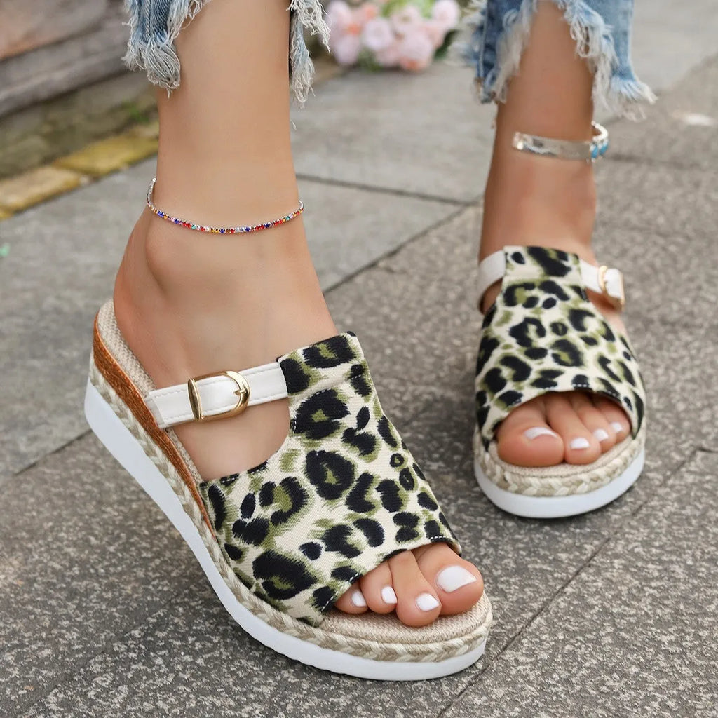 Leopard print women's wedge platform sandals with fish mouth open toe in beige.