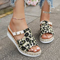 Leopard print women's wedge platform sandals with fish mouth open toe in beige.
