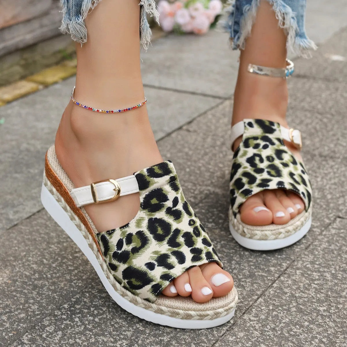Leopard print women's wedge platform sandals with fish mouth open toe in beige.