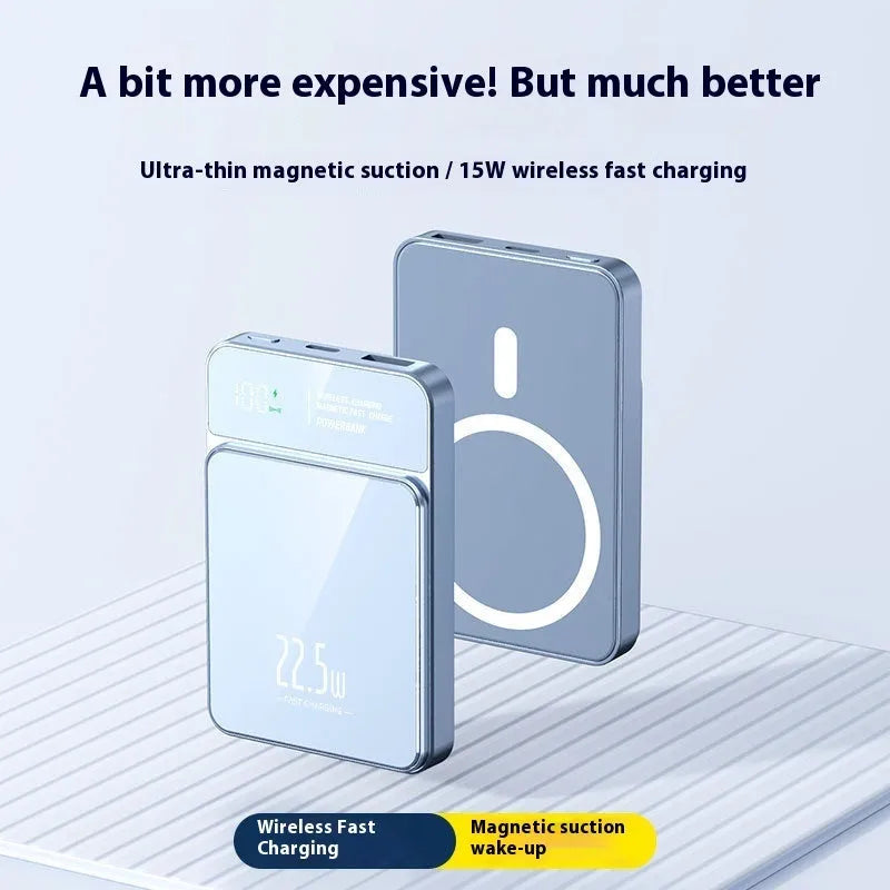 Magnetic wireless power bank in black, white, blue, or purple, plastic body, 5000 mA or 10000 mA options