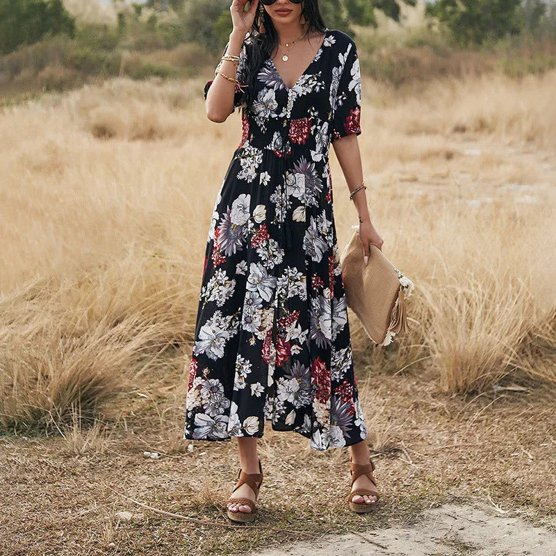 Floral print women's beach dress with V neck and elastic waist in yellow colour