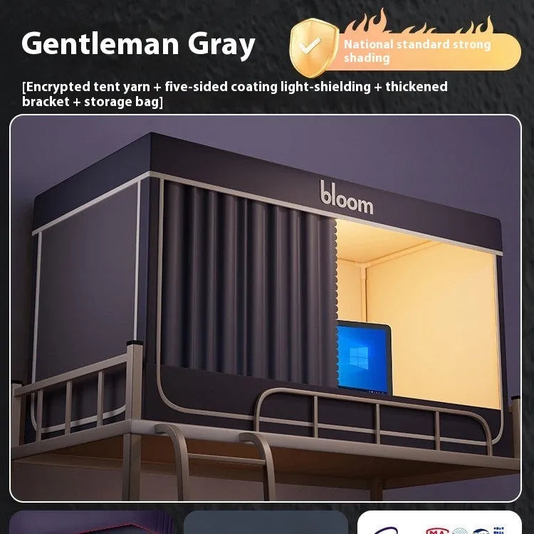 Gentleman grey bed curtain with integrated mosquito net for 0.9m bed showing five-side shading design