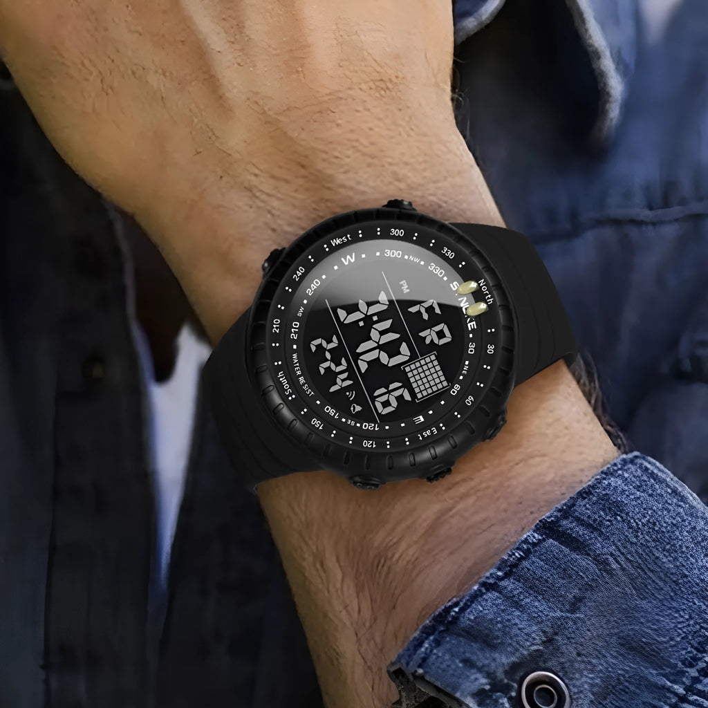 Black men's digital waterproof watch with plastic case and adjustable PU strap