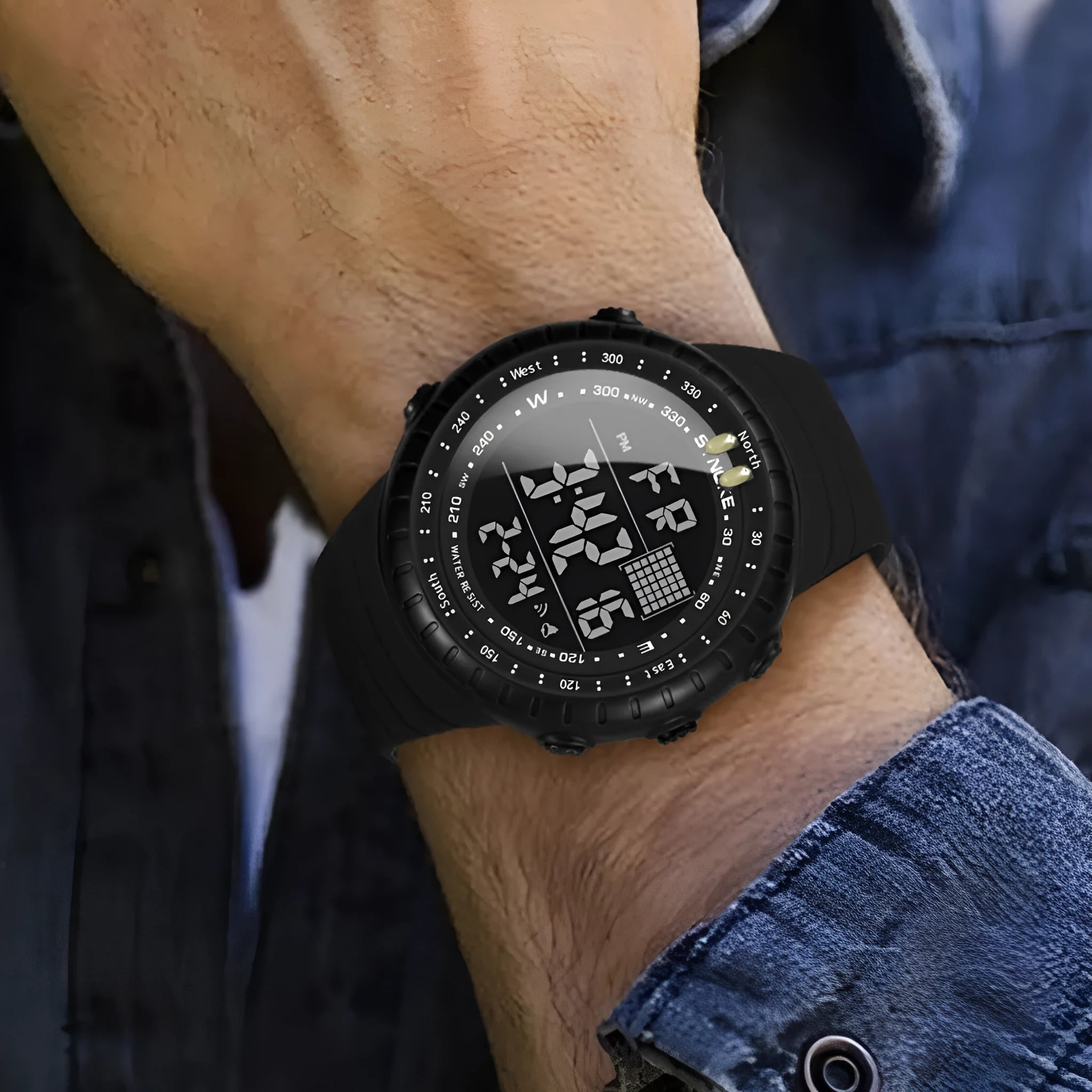 Black men's digital waterproof watch with plastic case and adjustable PU strap