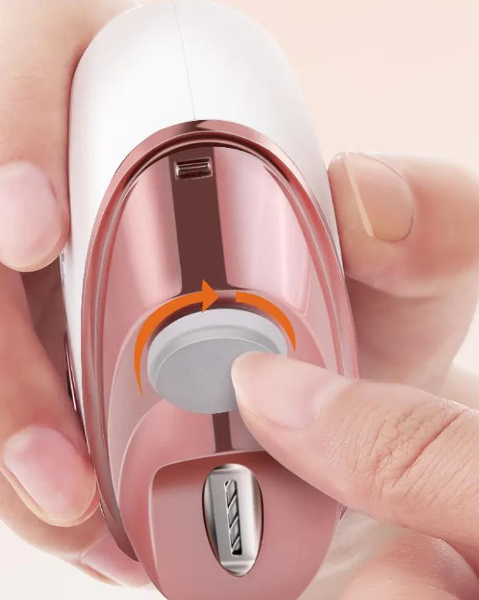Electric nail clippers and polish tool in blue, orange, or white colours with Type-C charging port