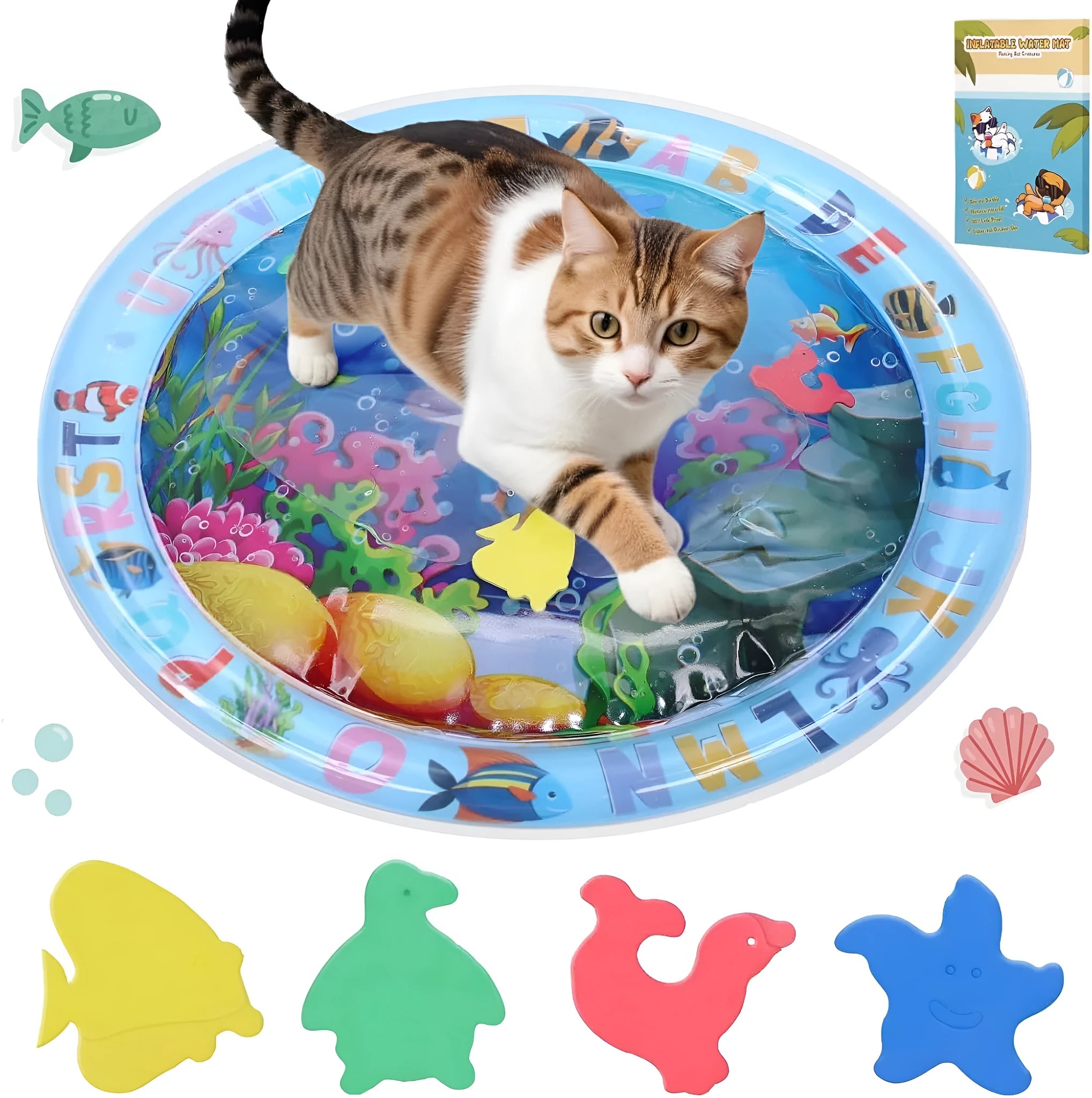 100cm square blue ocean theme water playmat for cats with floating fish toys on PVC surface