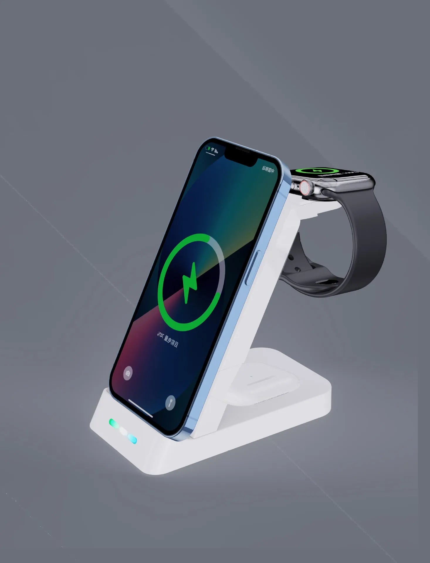 Black 3-in-1 wireless charging station for phone, Apple Watch, and AirPods on a desk