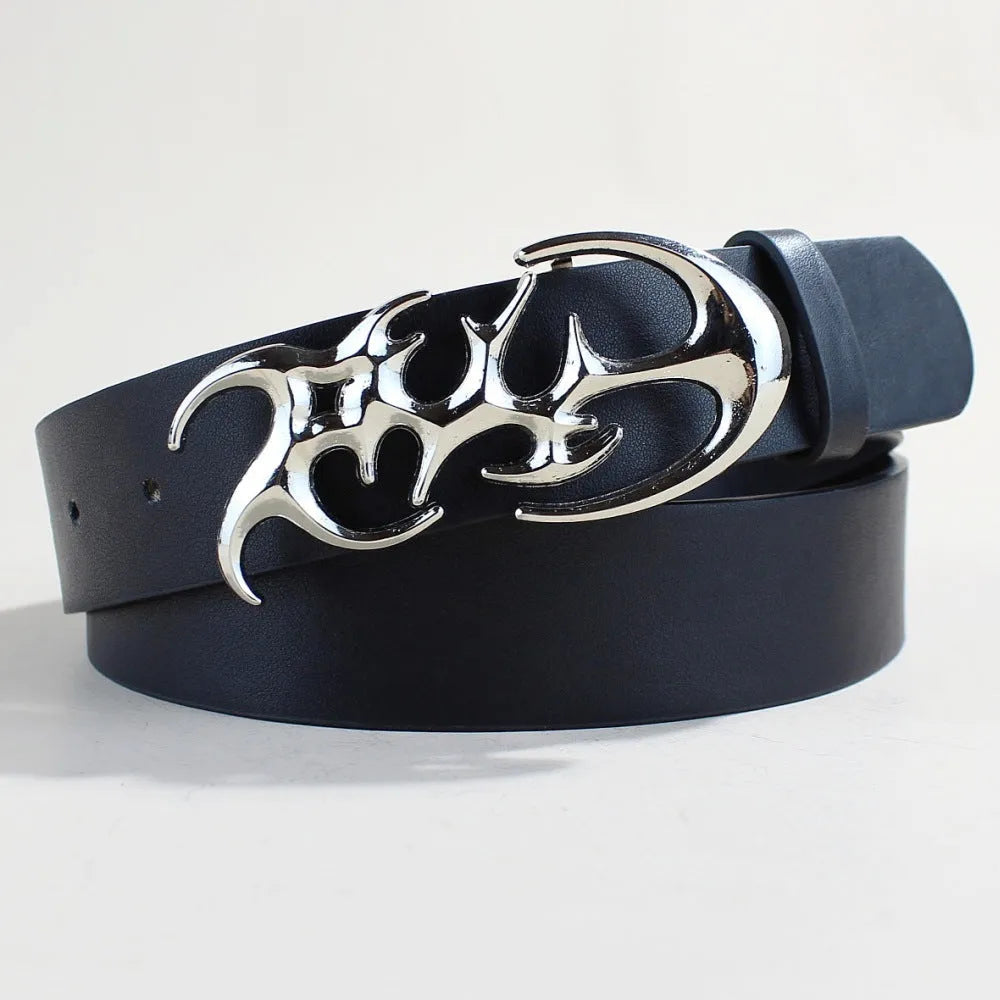 Silver buckle casual belt made from black PU leather with snap button fastening, 3.3cm wide