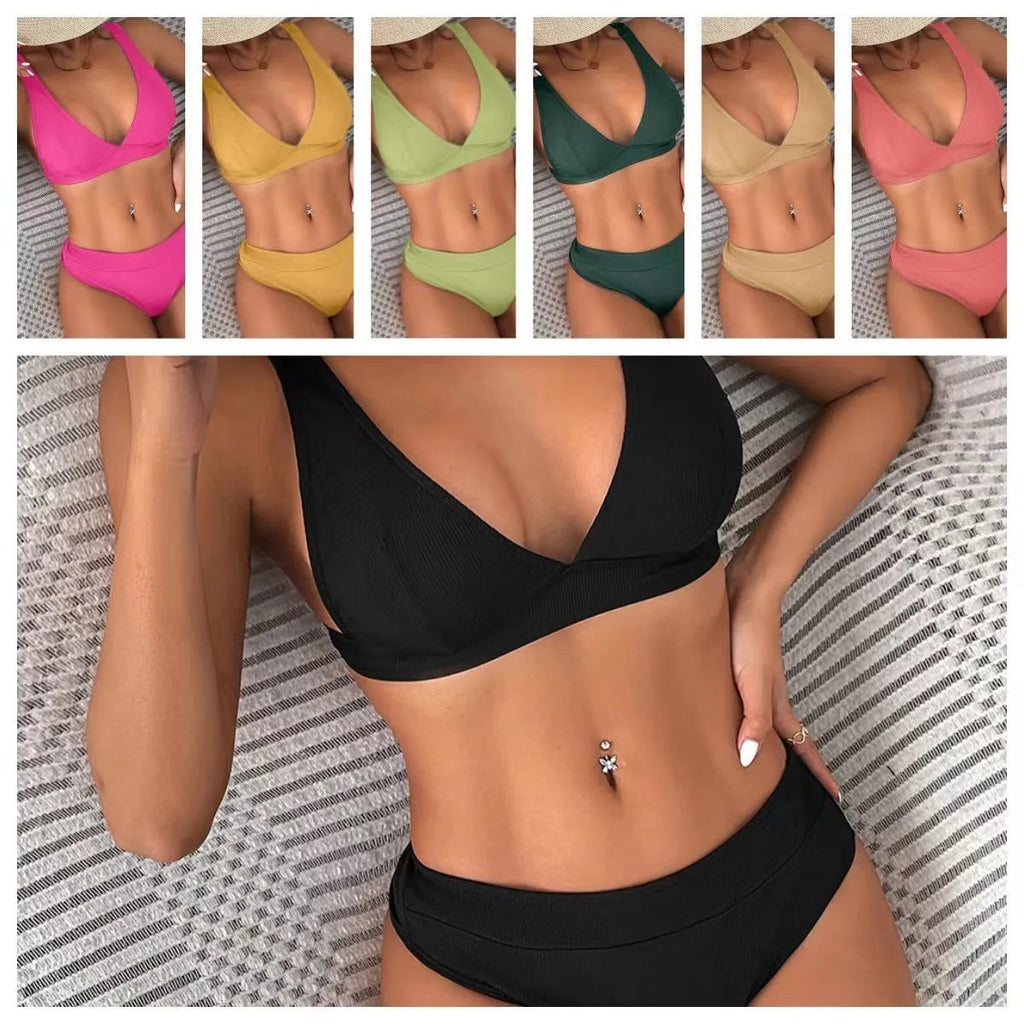 Women's black lace-up front bikini set with high-waist briefs on a mannequin.