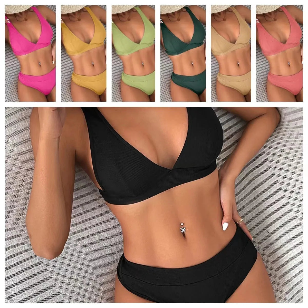 Women's black lace-up front bikini set with high-waist briefs on a mannequin.