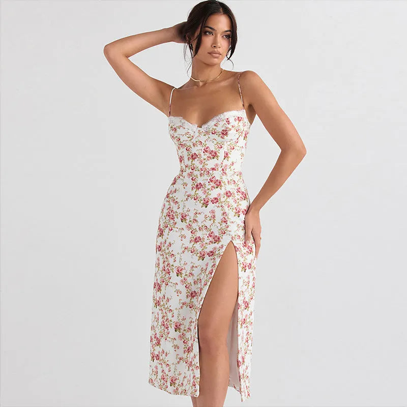 Women's lace print long dress with thigh slit and suspender straps in blue colour