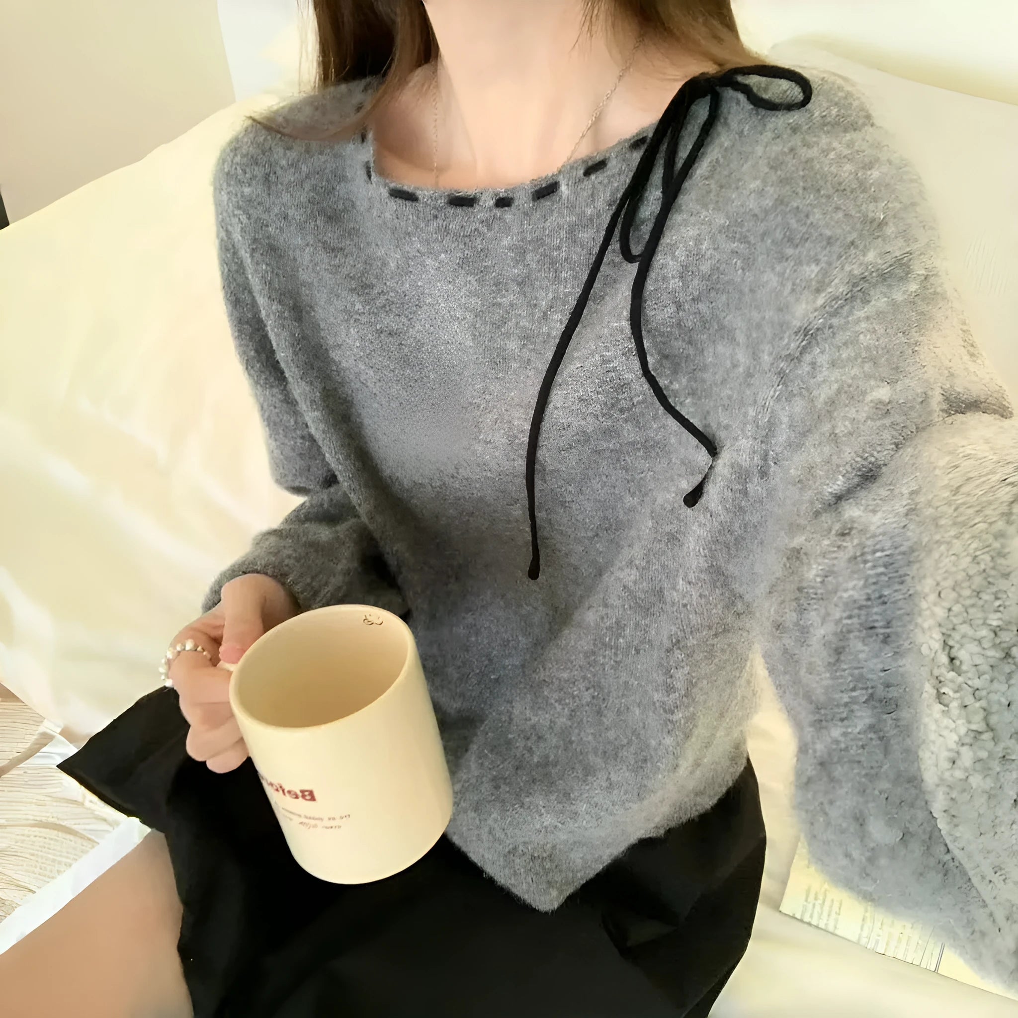 Grey loose-fitting women's pullover jumper made from regenerated cellulose fibre fabric
