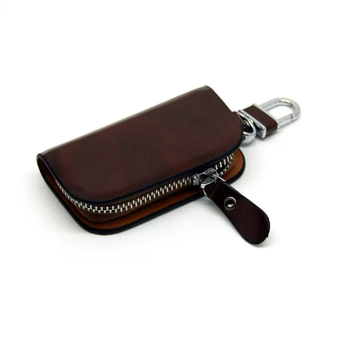 Genuine cowhide leather car key case in black with a frosted finish.
