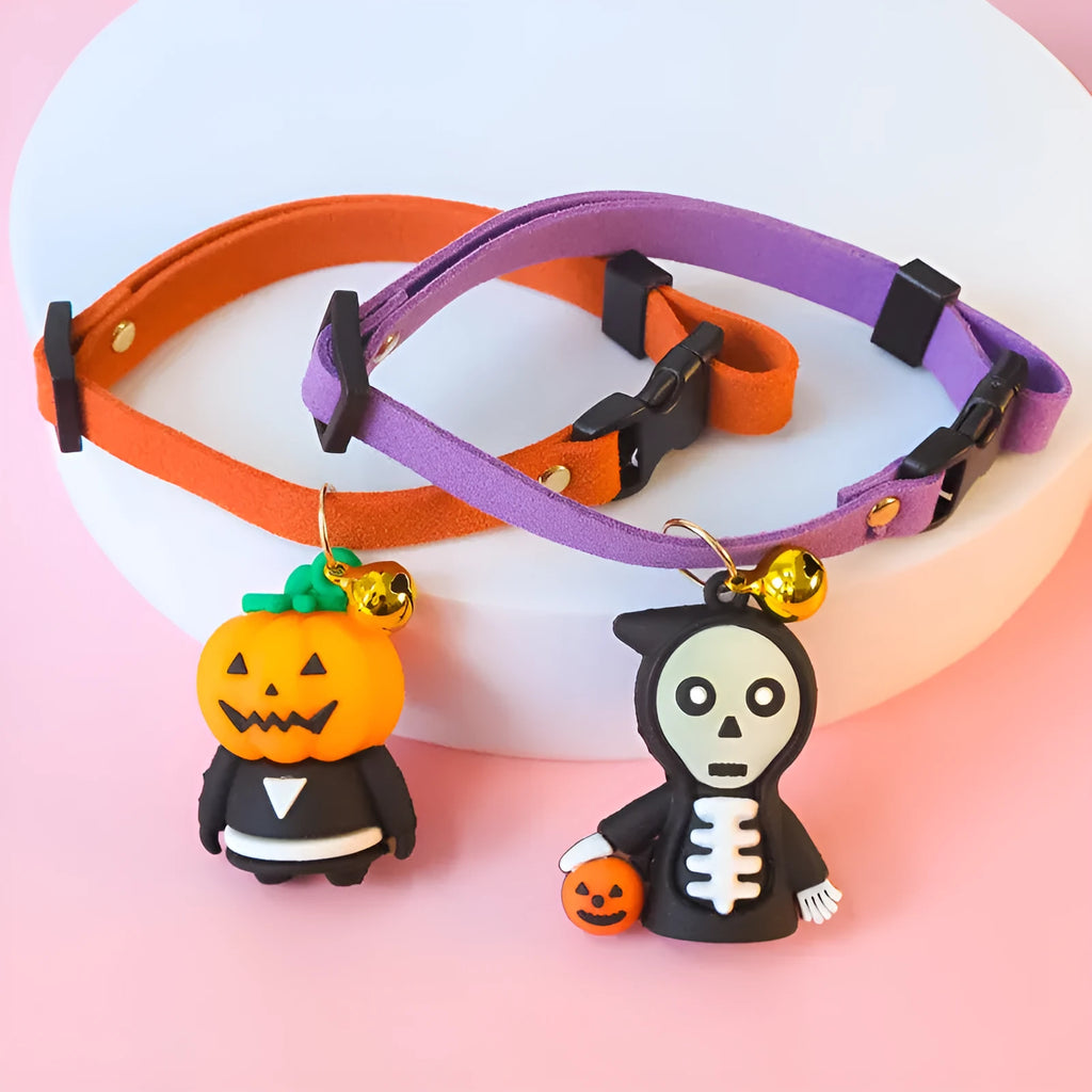 Halloween dog collar decoration showing luminous brat, luminous skull, and pumpkin man patterns with adjustable sizing
