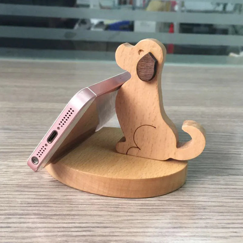 Beech wood mobile phone holder with resin animal decoration and custom lettering on coin back.