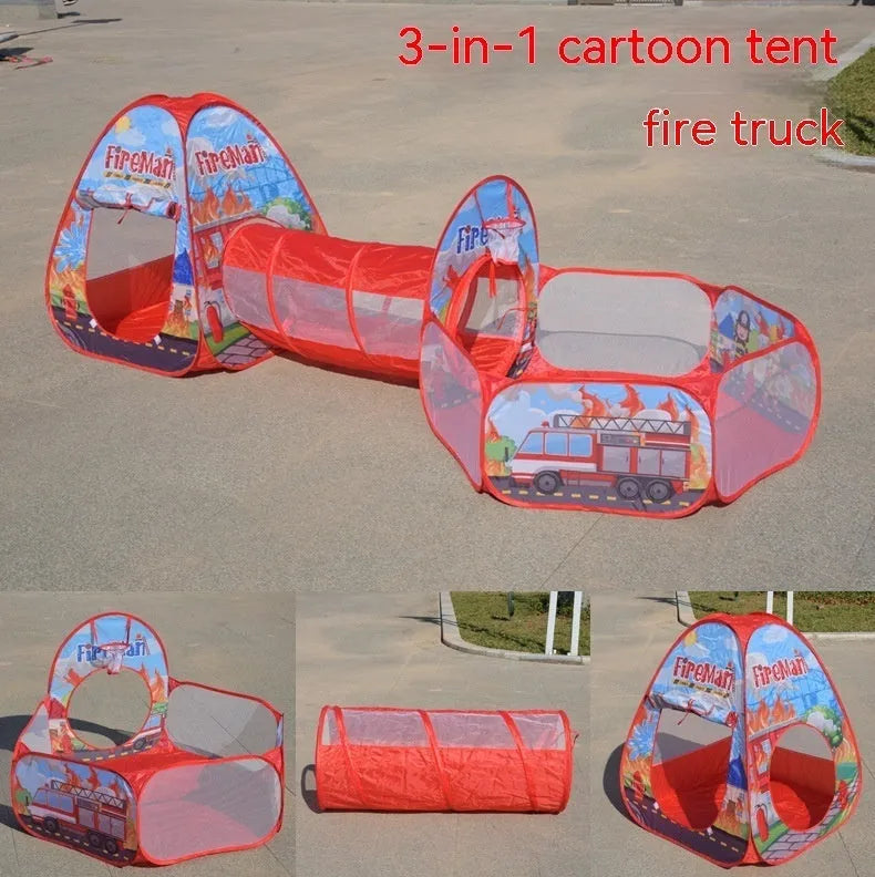Colourful three-in-one children's play tent with cartoon design, featuring a fabric tent, ball pool, and plastic tunnel.